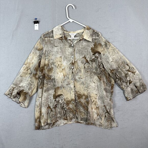 CJ Banks Tops - CJ Banks Womens Button-up Blouse Brown Flower Sheer Plus Size 2X